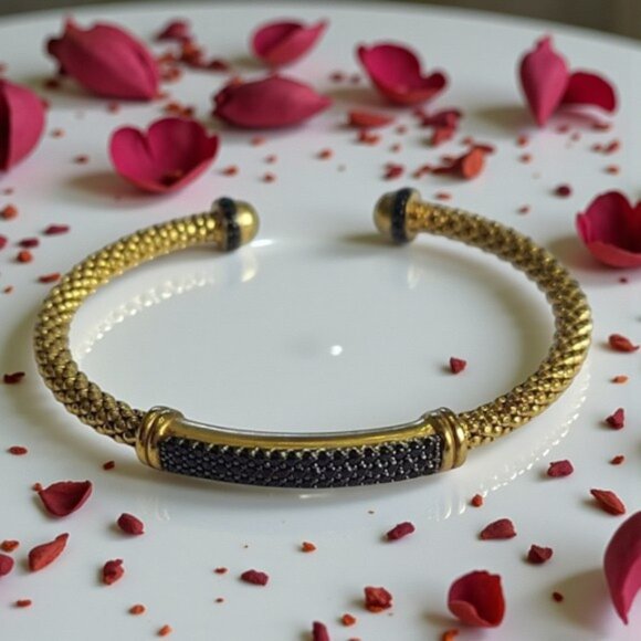Bronzo Italia® Gold-Tone Cuff Bracelet with Black Spinel Accents – 7.25”